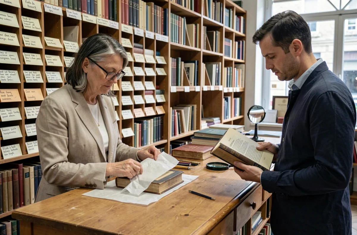 Une libraire spécialisée emballe soigneusement un livre rare pour un client érudit dans la boutique À Juste Titre à Rouen, avec des rayonnages classifiés au cordeau en arrière-plan
