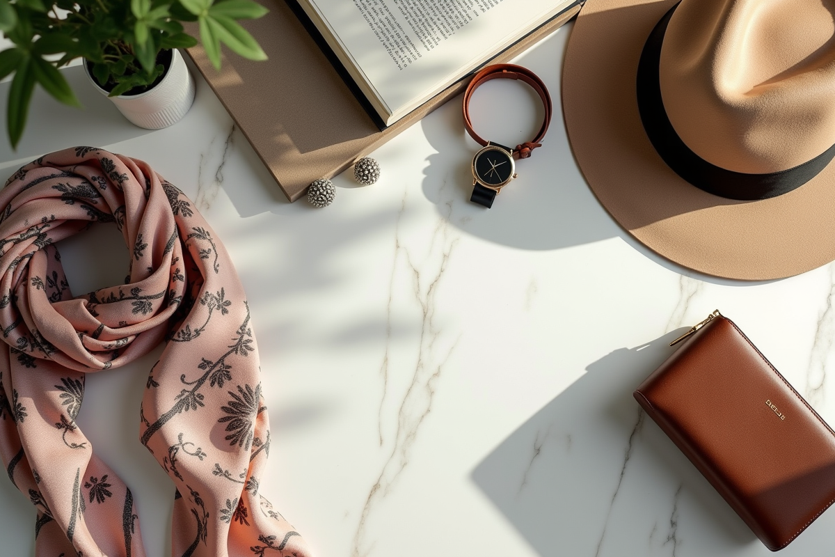 Accessoires de mode disposés sur une table en marbre