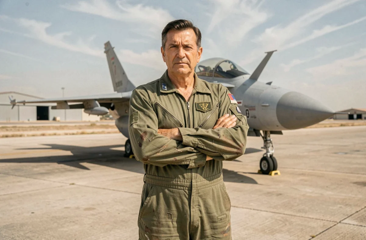 Acteur masculin en combinaison de vol militaire devant un avion de chasse sur une piste aéronautique, ambiance film d'action Top Gun