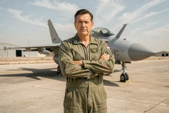 Acteur masculin en combinaison de vol militaire devant un avion de chasse sur une piste aéronautique, ambiance film d'action Top Gun