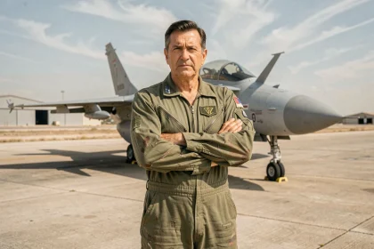 Acteur masculin en combinaison de vol militaire devant un avion de chasse sur une piste aéronautique, ambiance film d'action Top Gun