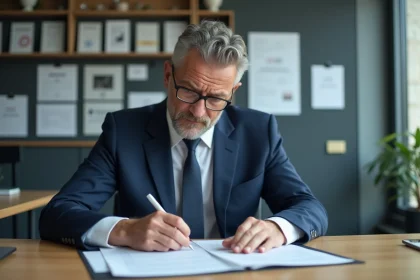 Administrateur en costume bleu dans un bureau municipal