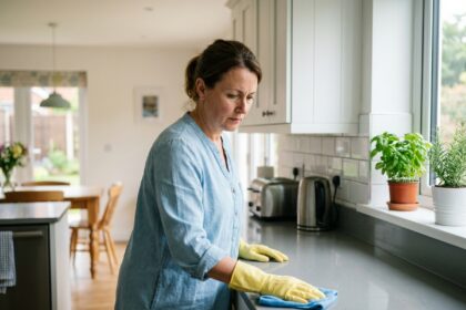Aide ménagère en uniforme bleu nettoyant le plan de travail d'une cuisine moderne dans un logement de Maurepas
