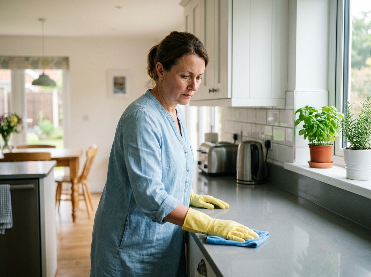 Aide ménagère en uniforme bleu nettoyant le plan de travail d'une cuisine moderne dans un logement de Maurepas