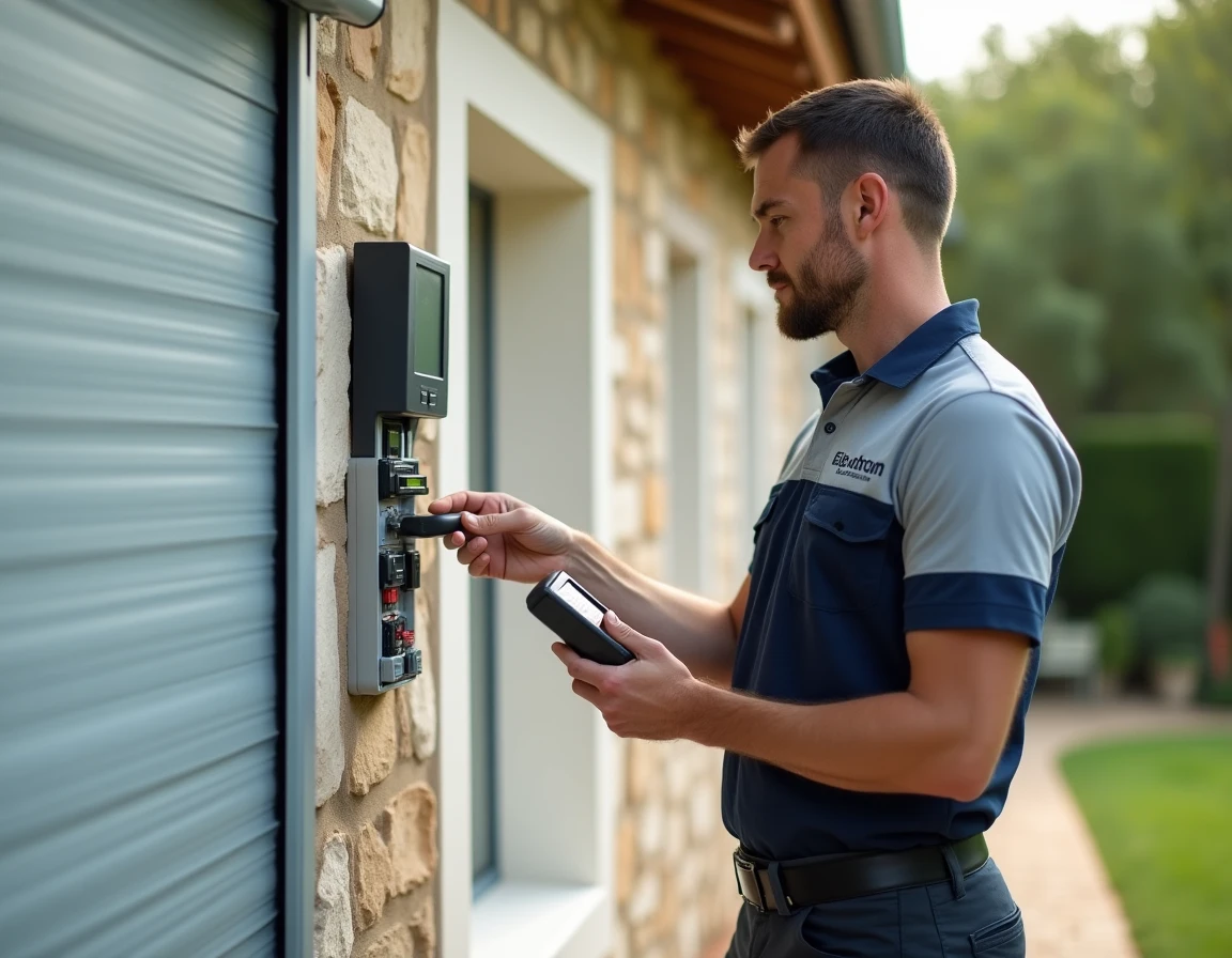 Technicien Aix-Electroadom diagnostiquant un volet roulant électrique sur un pavillon moderne à Aix-en-Provence