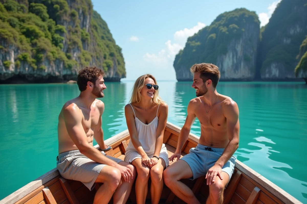 Trois amis en bateau près des falaises de Coron