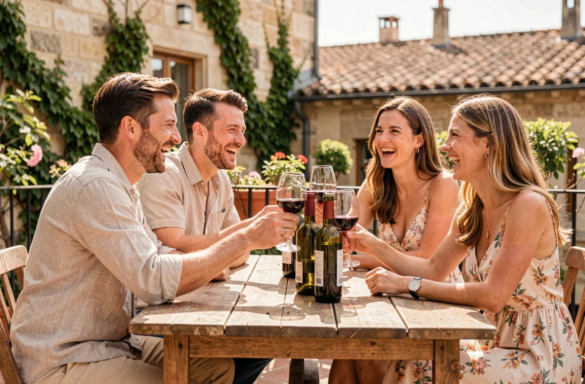 Groupe d'amis trentenaires dégustant du vin rouge en terrasse à Bordeaux, atmosphère conviviale et décontractée autour d'une table en bois rustique