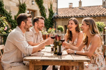 Groupe d'amis trentenaires dégustant du vin rouge en terrasse à Bordeaux, atmosphère conviviale et décontractée autour d'une table en bois rustique