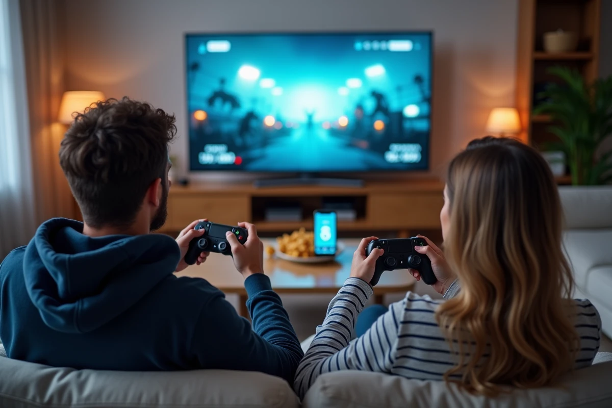 Deux amis jouant à un jeu de bombe en ligne en co-op depuis un salon avec connexion optimisée