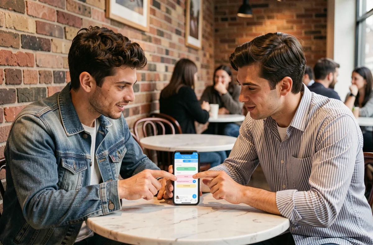 Deux amis collaborant autour d'un jeu de mots Cémantix sur smartphone dans un café
