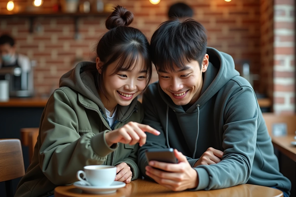 Deux amis recherchant ensemble une série anime introuvable sur smartphone dans un café