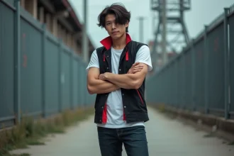 Cosplayeur incarnant Android 17 de Dragon Ball Z en tenue originale, bras croisés devant un décor industriel urbain