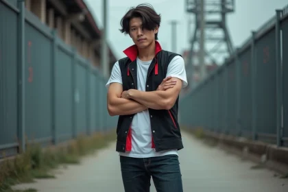 Cosplayeur incarnant Android 17 de Dragon Ball Z en tenue originale, bras croisés devant un décor industriel urbain