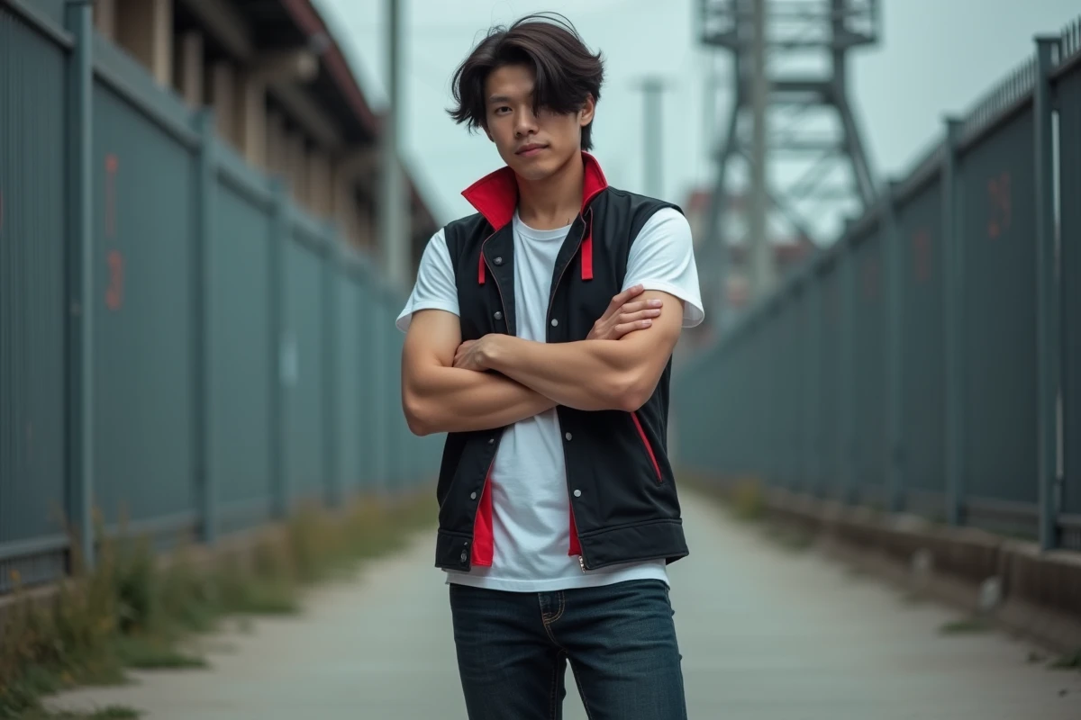 Cosplayeur incarnant Android 17 de Dragon Ball Z en tenue originale, bras croisés devant un décor industriel urbain