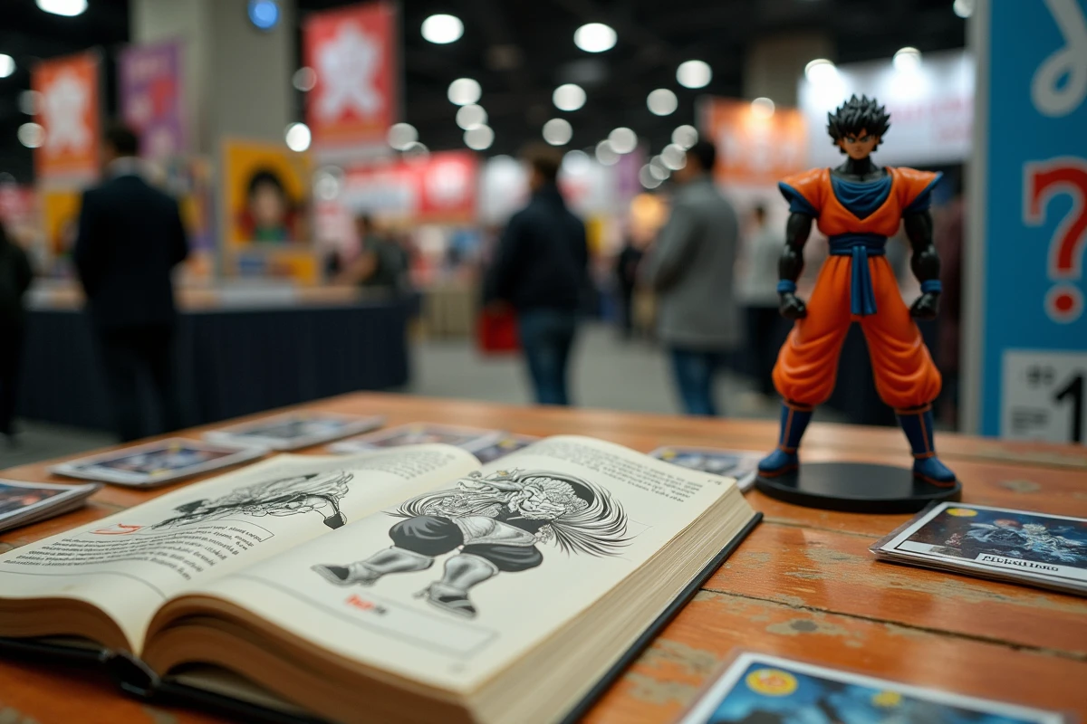 Table de convention manga avec volume Dragon Ball Z ouvert, figurine Android 17 et cartes collector sur bois usé