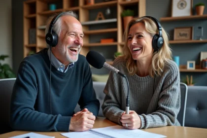 Un couple souriant dans un studio radio moderne
