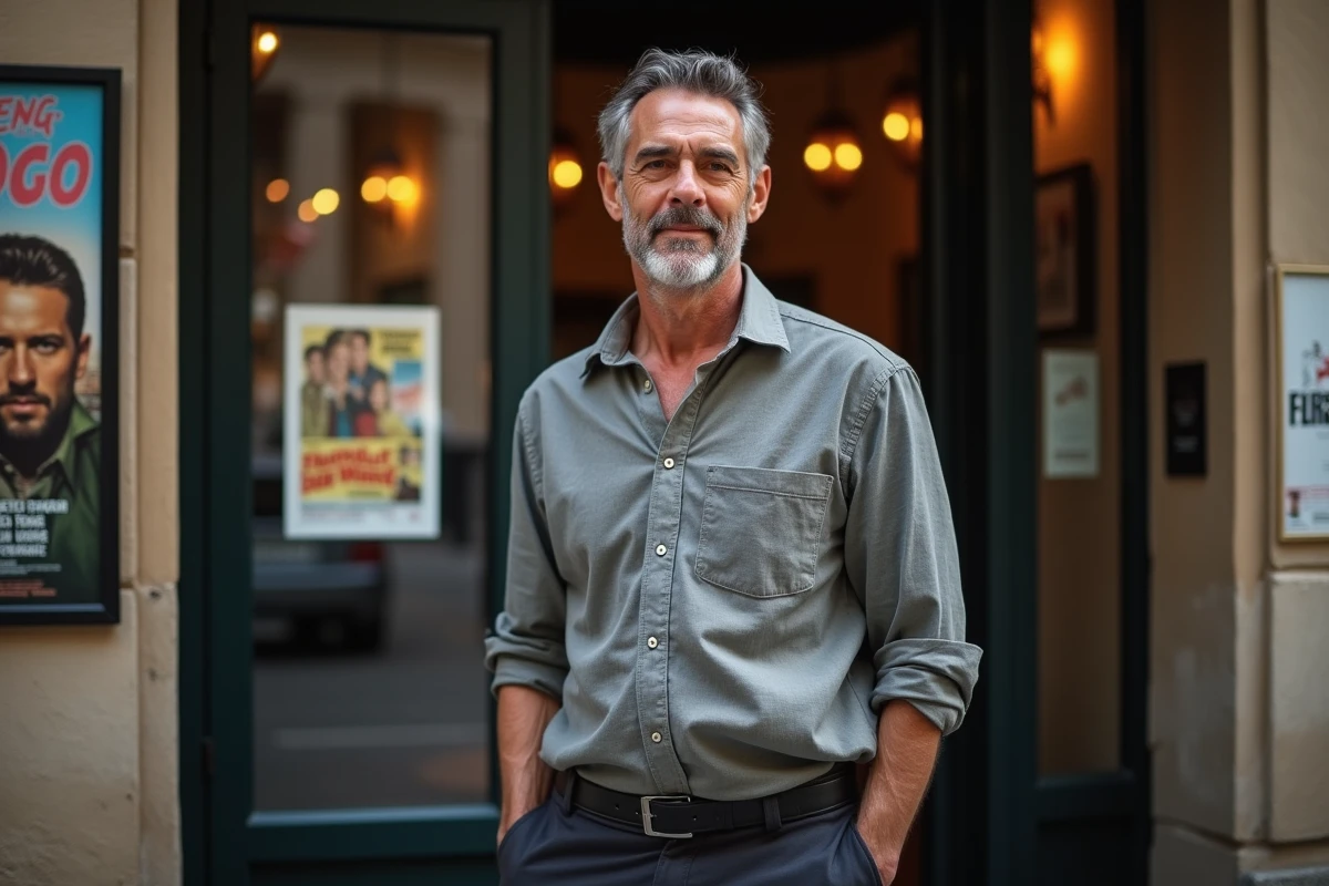 Homme de médias français devenu acteur posant devant l'entrée d'un cinéma parisien