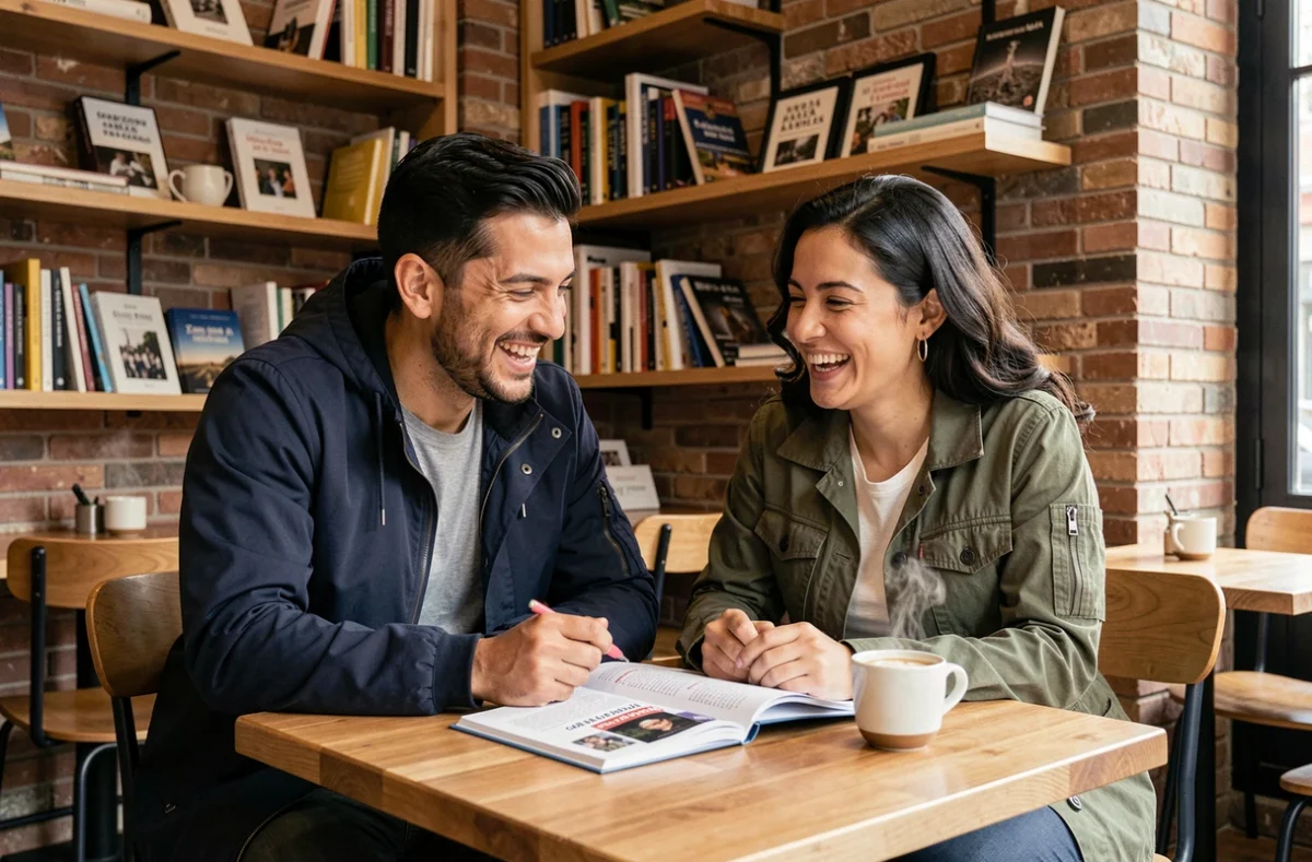Deux amis riant en apprenant des expressions d'amour en espagnol dans un café de Barcelone