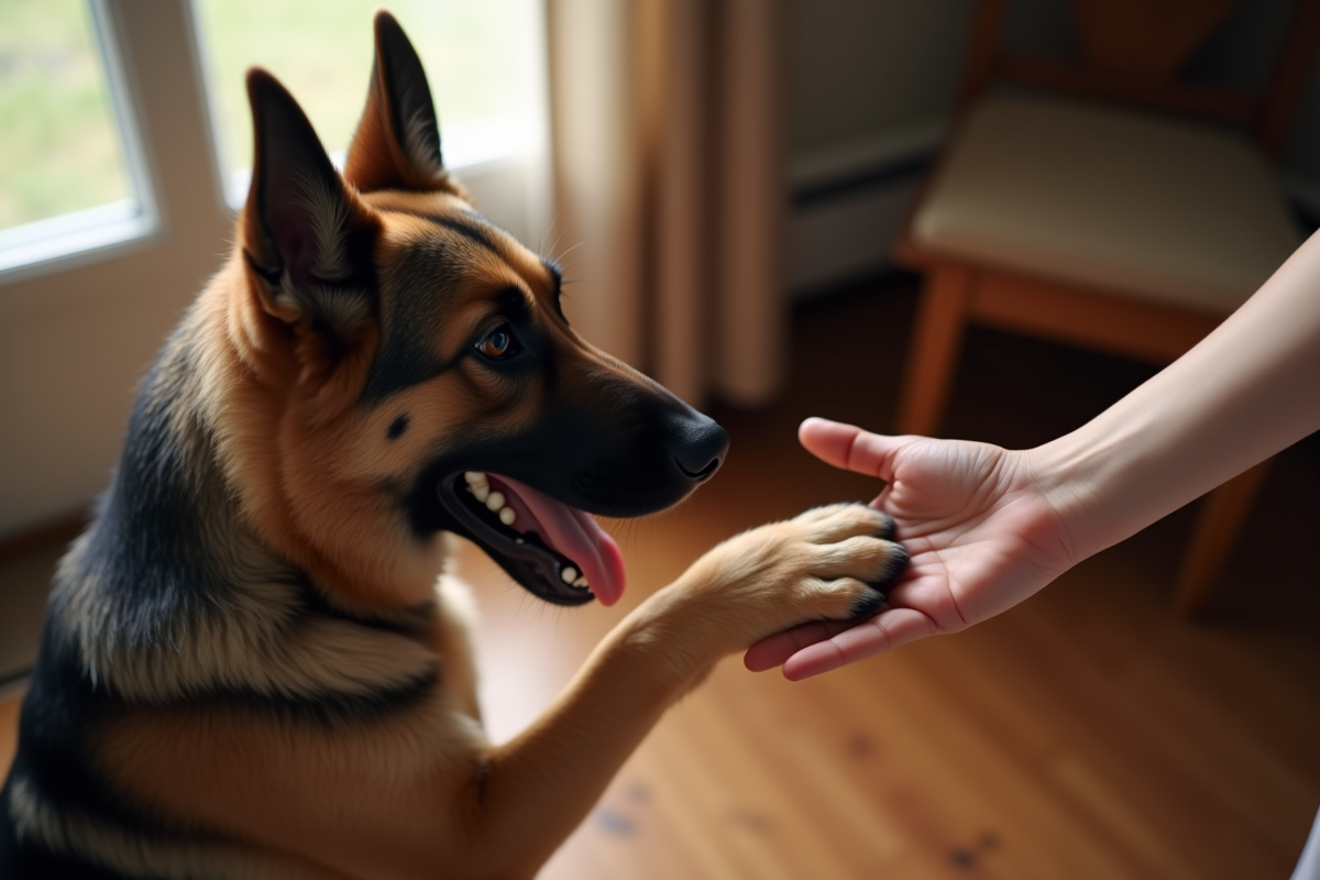 Chien apprenant la commande patte avec un humain en interieur