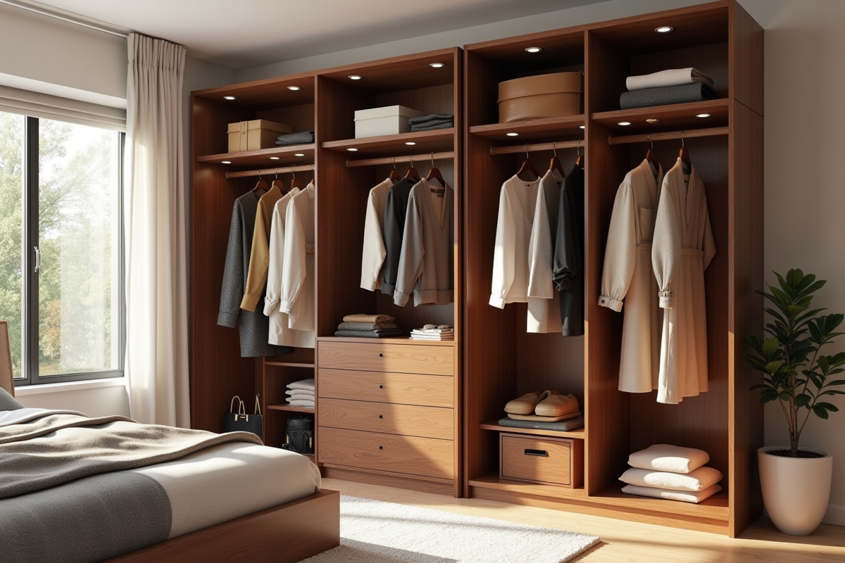 Armoire élégante dans une chambre lumineuse avec vêtements variés