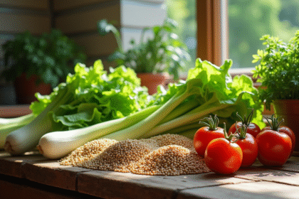 Assortiment de légumes frais avec laitue et lentilles sur une table en bois