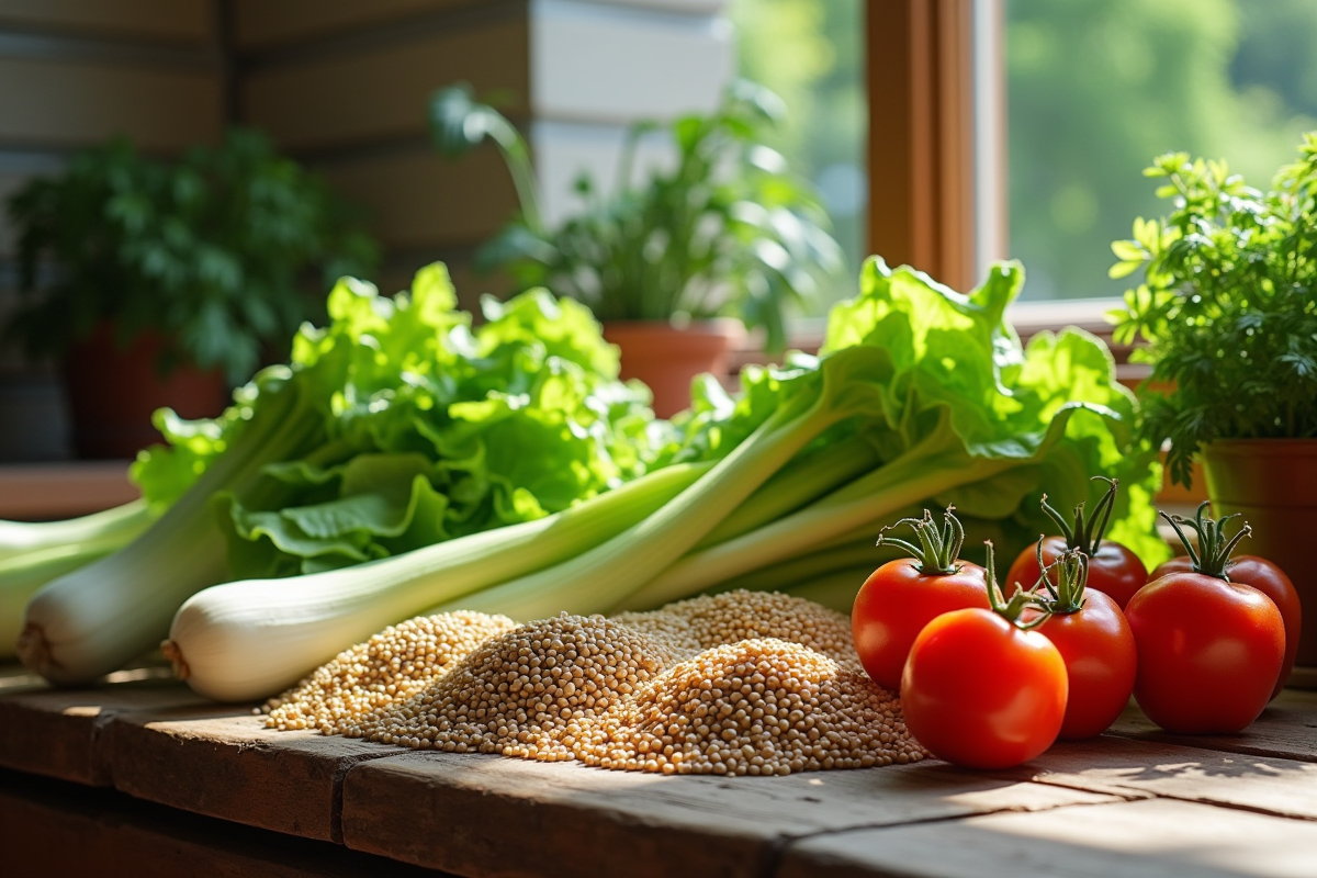 Assortiment de légumes frais avec laitue et lentilles sur une table en bois