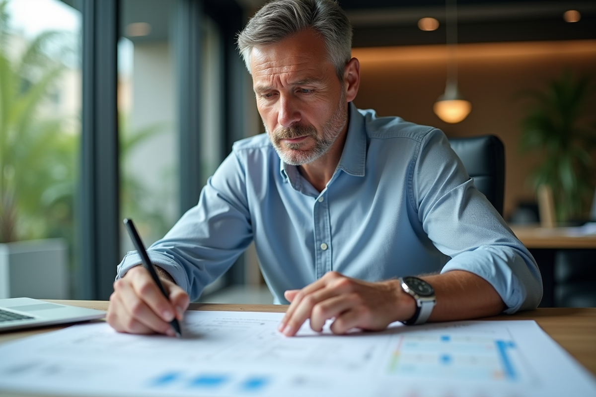 Auditeur energie homme en bureau avec plans et documents