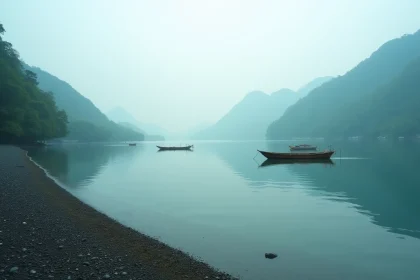 Baie japonaise calme au lever du jour avec bateaux de pêche traditionnels et collines boisées brumeuses