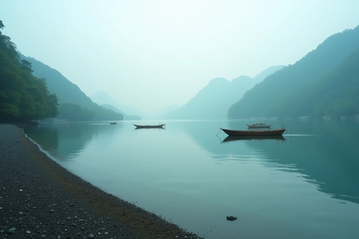 Baie japonaise calme au lever du jour avec bateaux de pêche traditionnels et collines boisées brumeuses