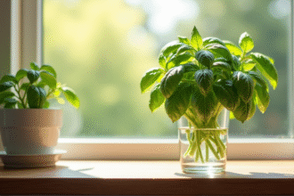 Basilic frais dans un verre d'eau sur une fenêtre lumineuse