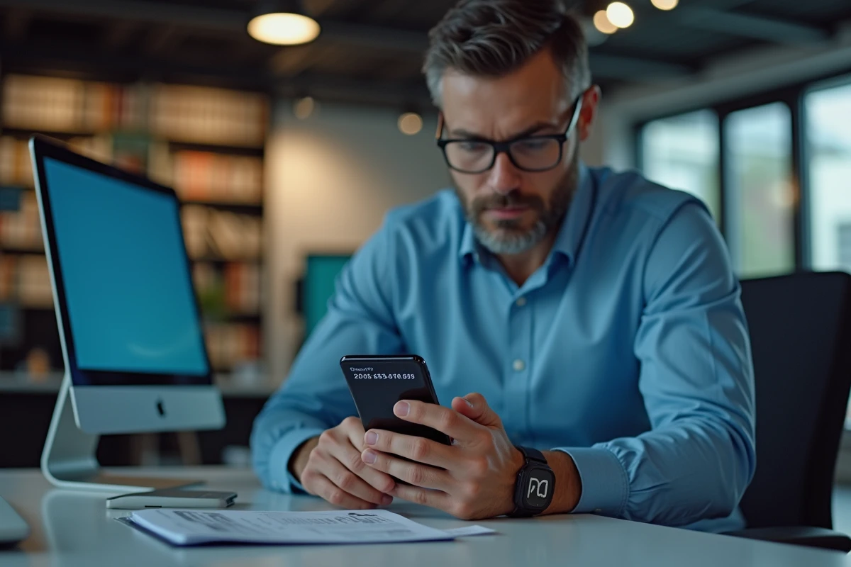 Homme configurant le blocage d'appels indésirables sur smartphone dans un bureau professionnel