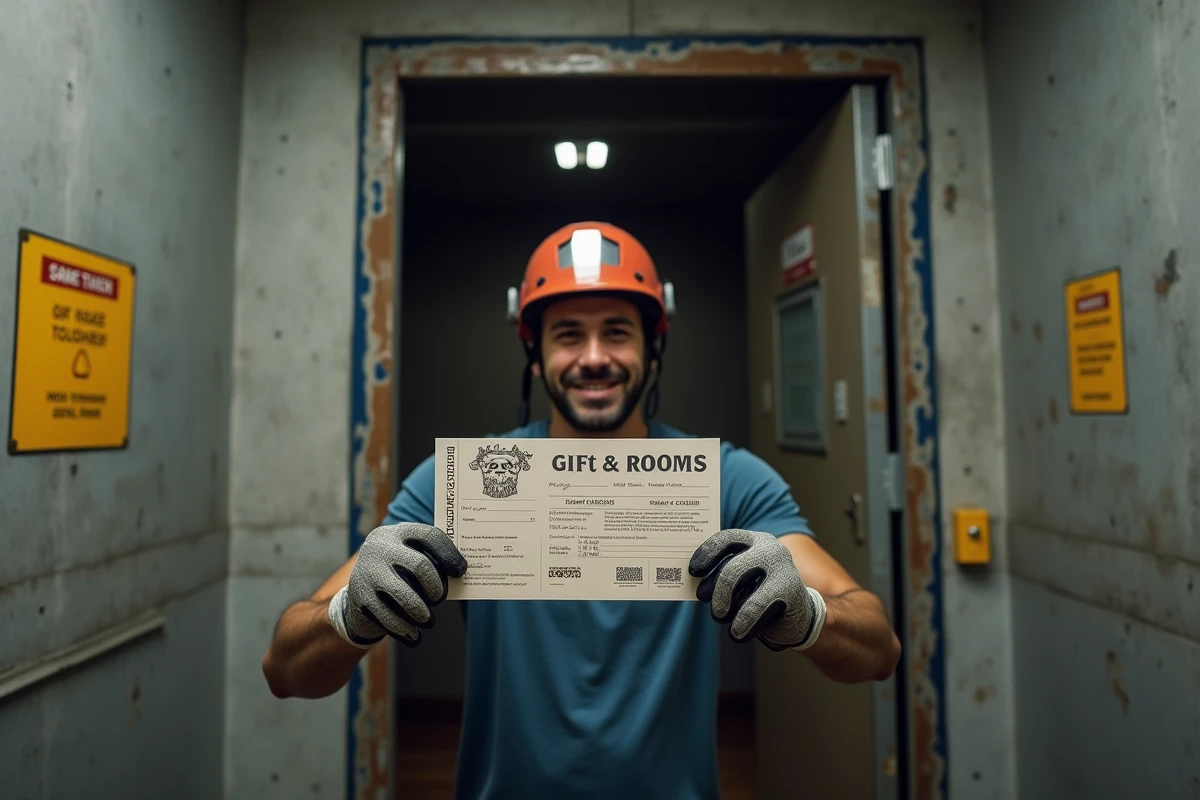 Homme en équipement de protection tenant un bon cadeau devant l'entrée d'une rage room à Lyon
