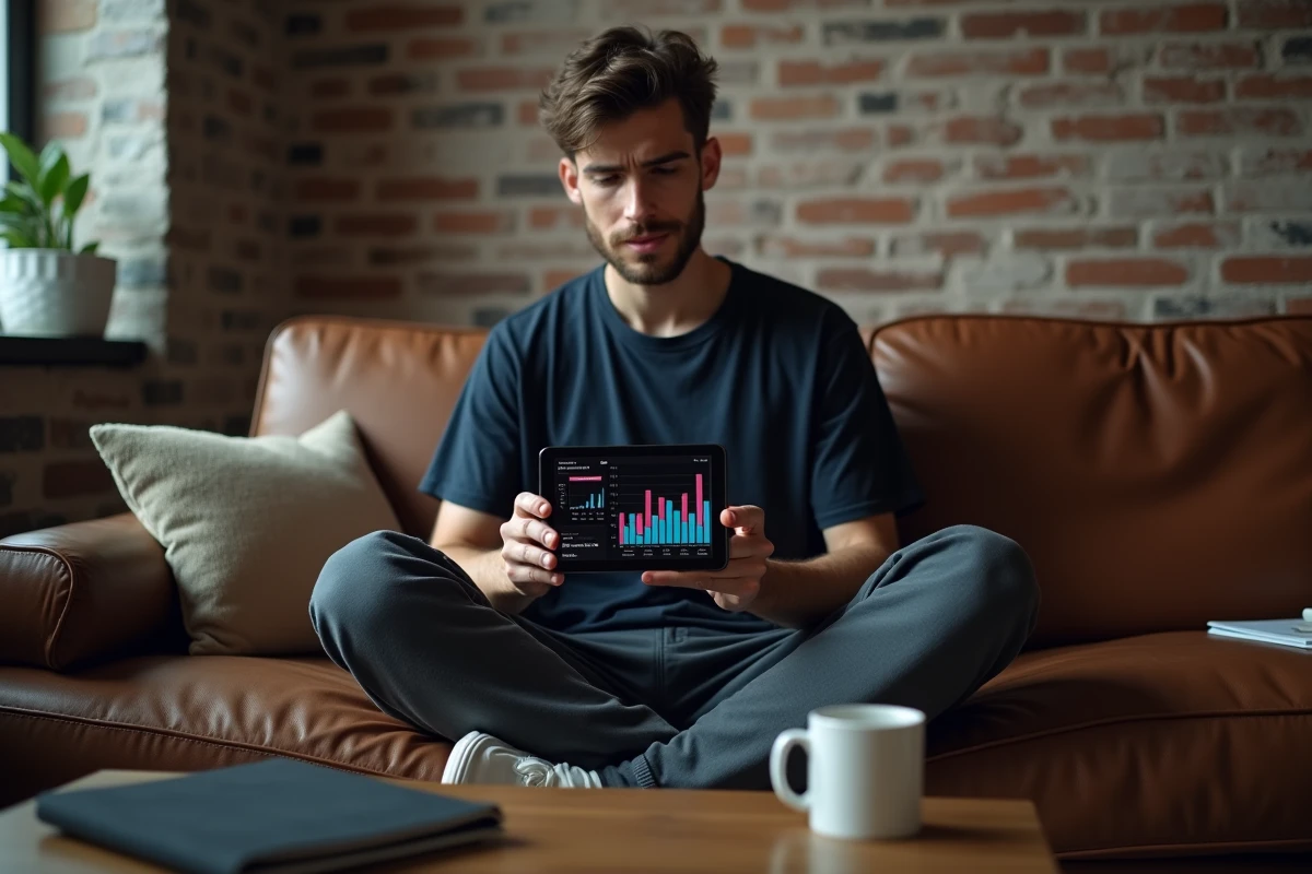 Jeune homme analysant des statistiques TikTok sur tablette, évaluant l'impact réel des bots abonnés gratuits sur l'algorithme FYP