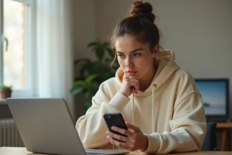 Jeune femme sceptique scrutant son compte TikTok sur smartphone, questionnant l'utilité des bots abonnés et de l'algorithme FYP