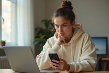 Jeune femme sceptique scrutant son compte TikTok sur smartphone, questionnant l'utilité des bots abonnés et de l'algorithme FYP