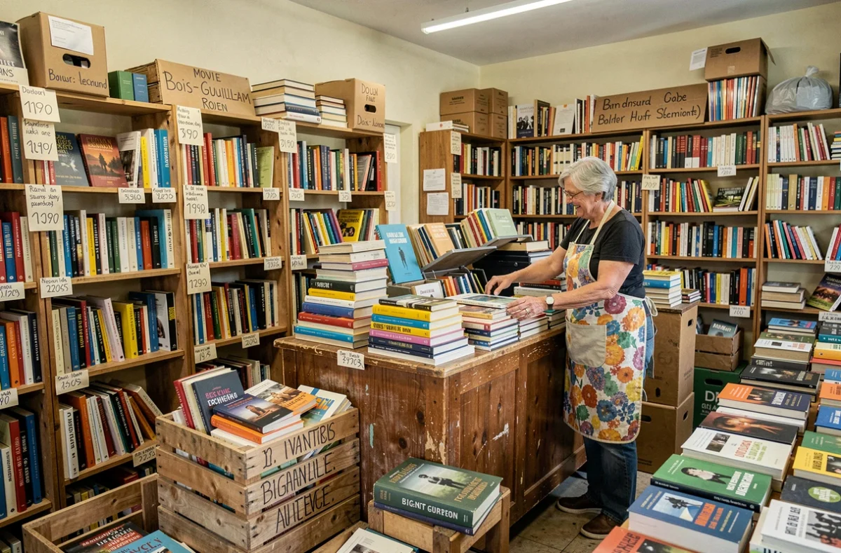Une bénévole trie des livres d'occasion derrière le comptoir de La Bouquinerie de Rouen à Bois-Guillaume, entourée de caisses débordant de livres donnés