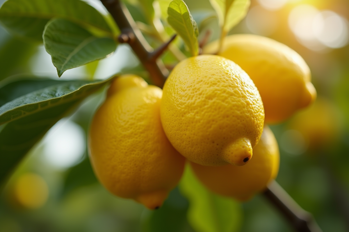 Branches de citron après taille avec citrons jaunes et soleil