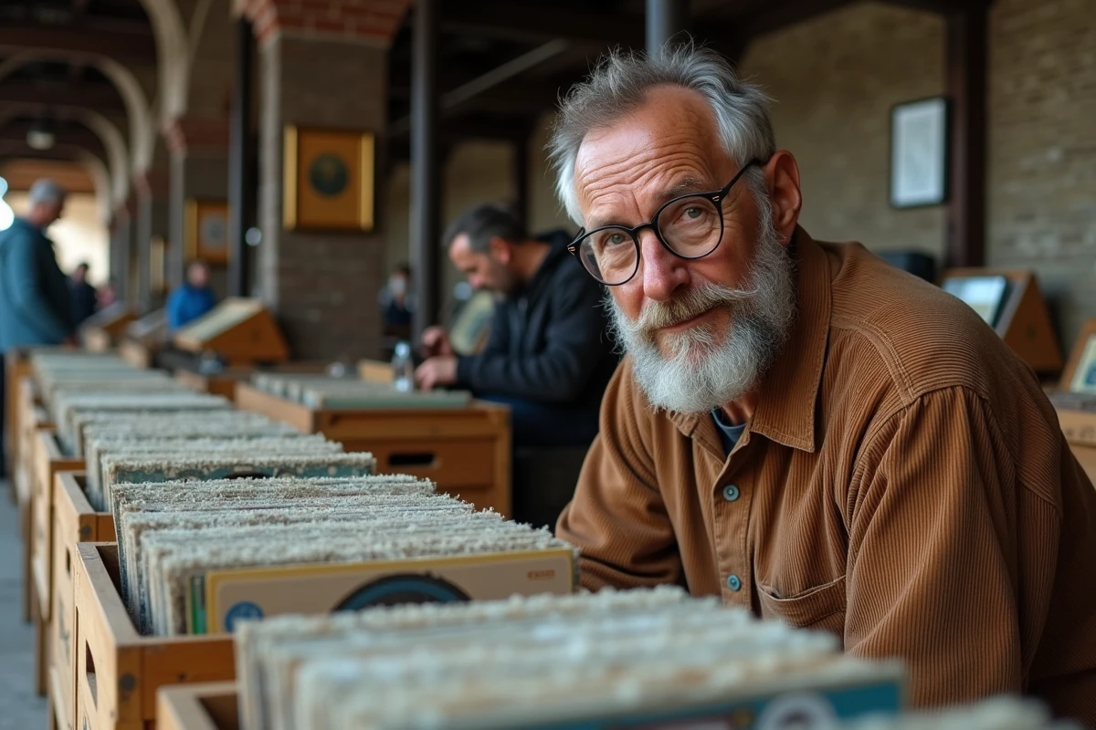 Homme chinant des vinyles anciens dans une halle de brocante thématique dans les Yvelines