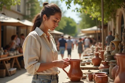 Femme examinant une poterie ancienne sur un stand de brocante en plein air en Lot-et-Garonne