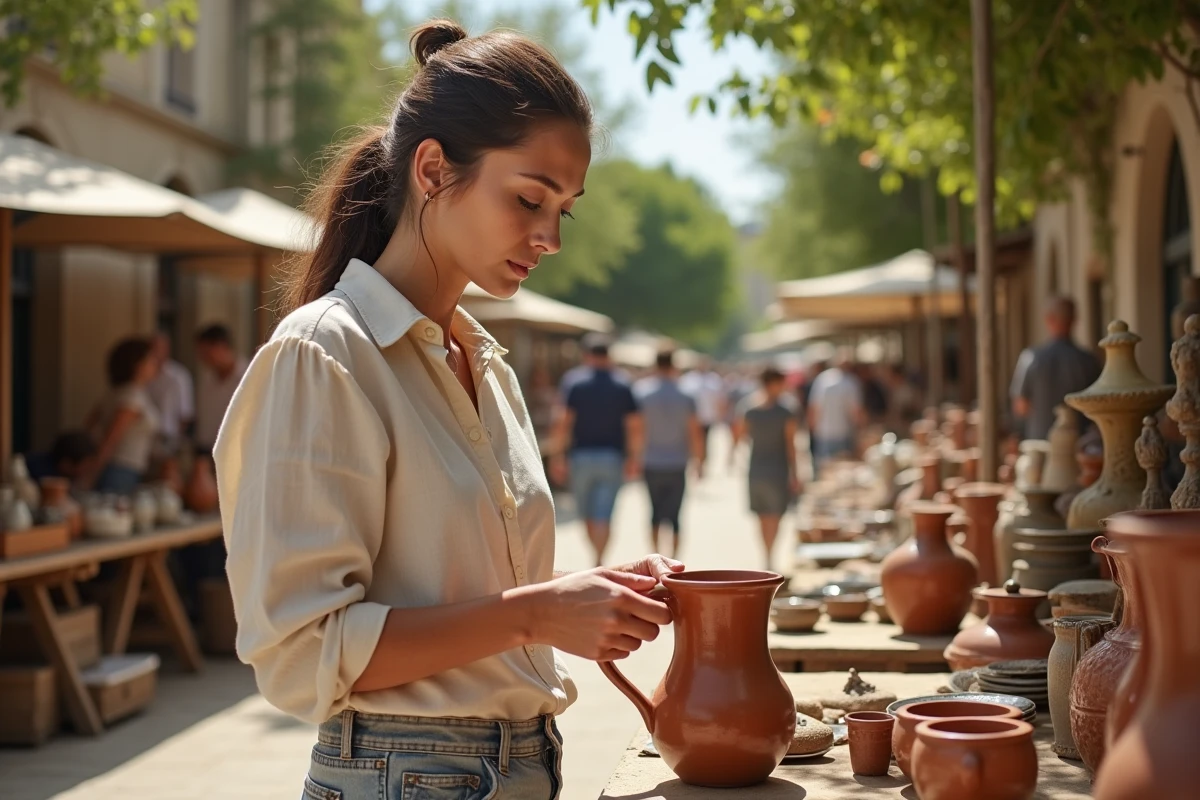 Femme examinant une poterie ancienne sur un stand de brocante en plein air en Lot-et-Garonne