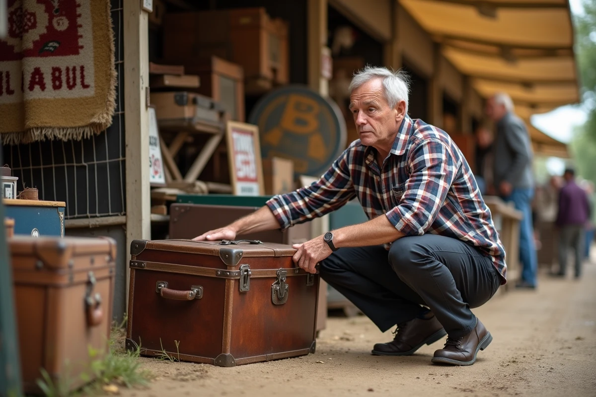 Homme inspectant une vieille malle en cuir lors d'une brocante couverte en Lot-et-Garonne