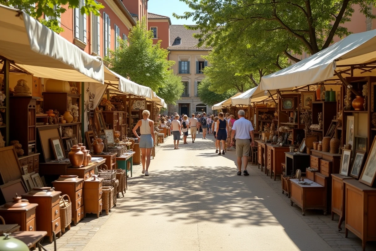 Vue panoramique d'une brocante animée sur une place de village en Lot-et-Garonne