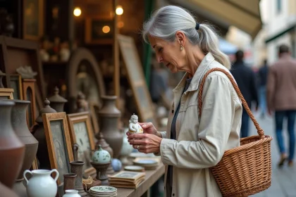 Femme examinant une figurine en porcelaine ancienne sur un stand de brocante en plein air dans les Yvelines