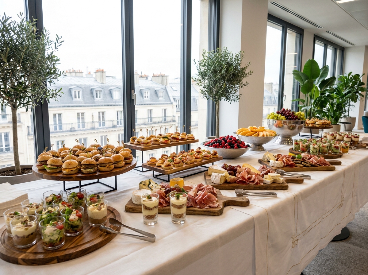 Table de buffet traiteur professionnel dans un espace événementiel parisien moderne avec charcuterie, verrines et sandwiches élégants