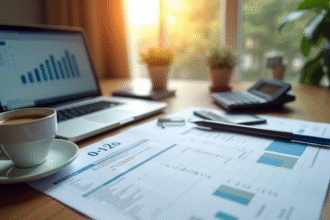 Bureau organisé avec documents IRA et ordinateur financier