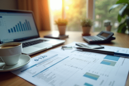 Bureau organisé avec documents IRA et ordinateur financier