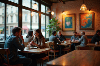 Café parisien cosy avec œuvres d'art modernes et ambiance chaleureuse