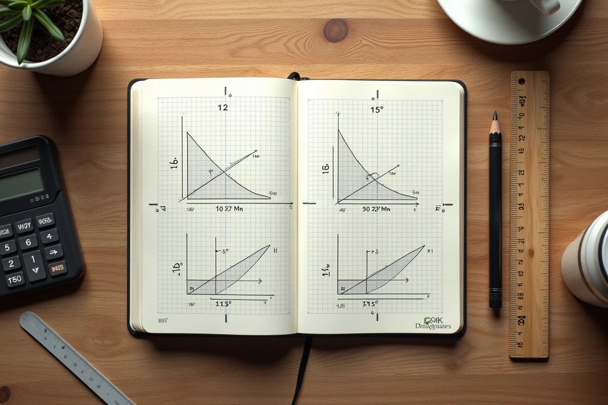 Diagrammes techniques de calcul de pente en degrés et en pourcentage dessinés à la main sur du papier millimétré avec calculatrice