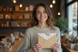 Femme souriante tenant une carte cadeau Rage Room Lyon dans une boutique moderne