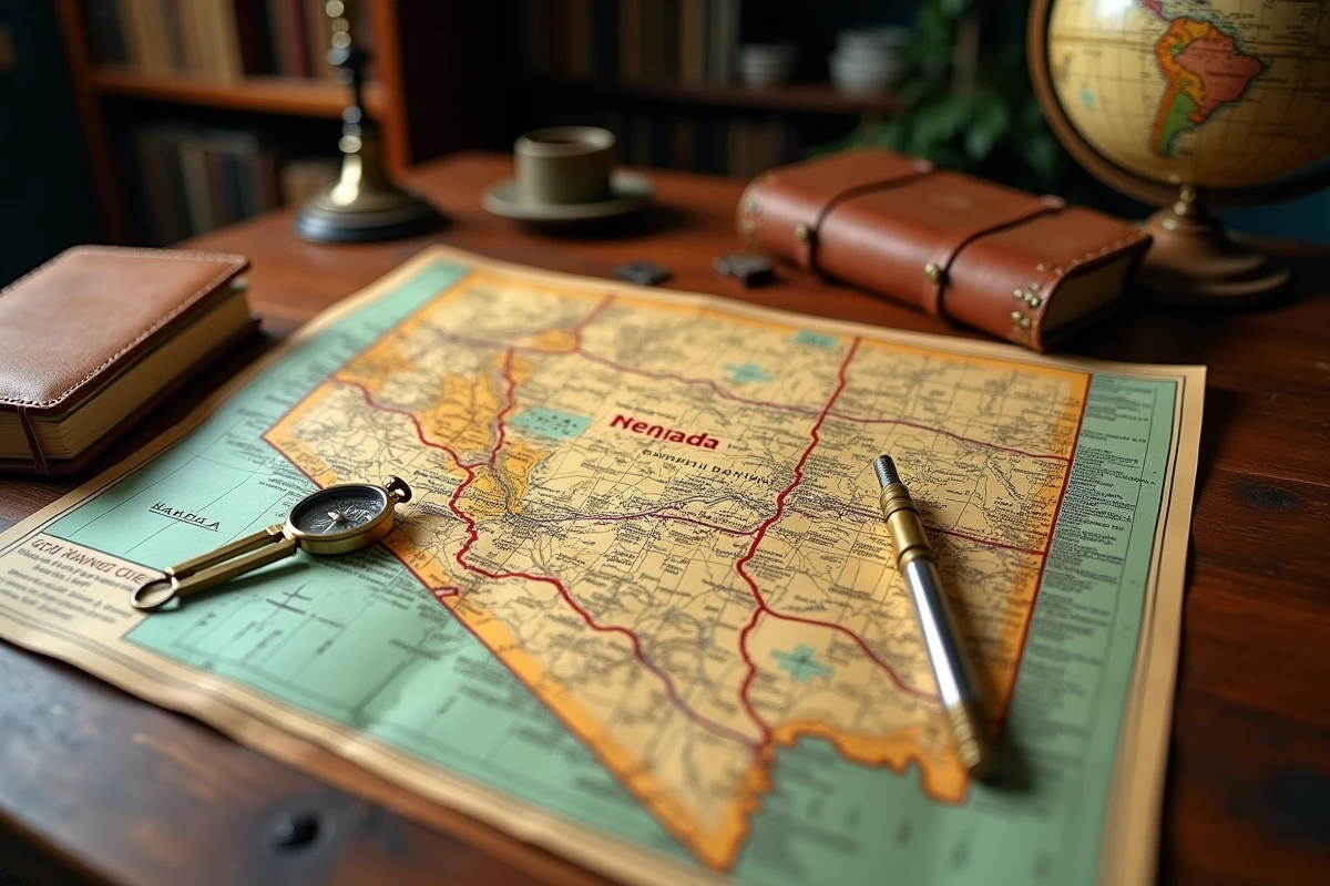 Carte routière vintage du Nevada avec noms de villes en quatre lettres entourés au marqueur rouge